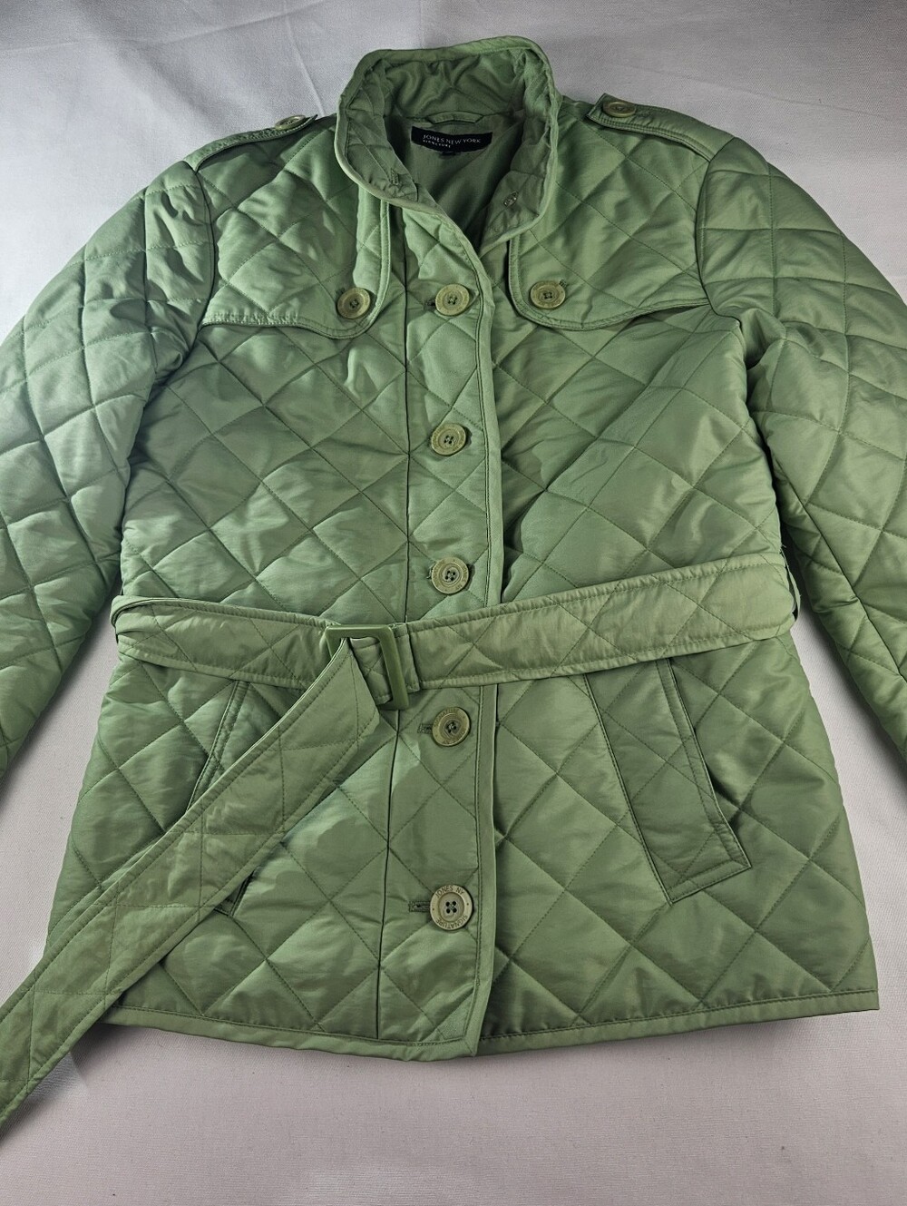 Jones New York Signarure Women's  Green Classic Quilted Belted Waist Jacket Sz M